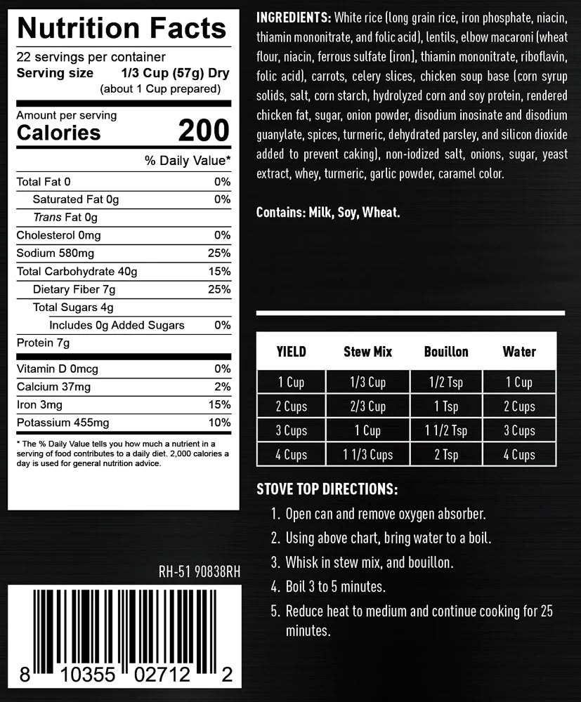 ready hour #10 can traveler's stew nutritional information and directions 