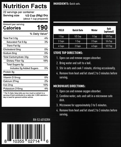 ready hour #10 can quick oats nutritional information and directions