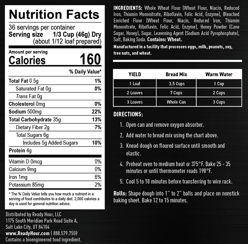 ready hour #10 can honey wheat bread nutritional information and directions 
