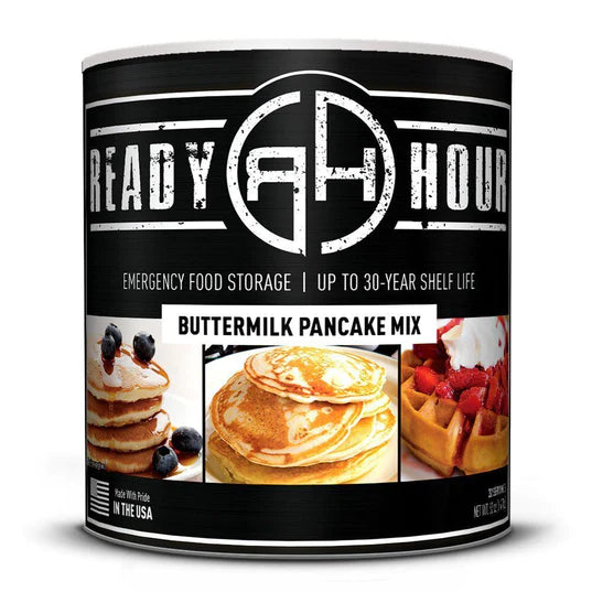 ready hour #10 can buttermilk pancake mix black cover featuring two images of pancakes and one image of waffles 