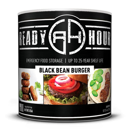 ready hour #10 can black bean burger black cover featuring black bean burger patty in three different images 