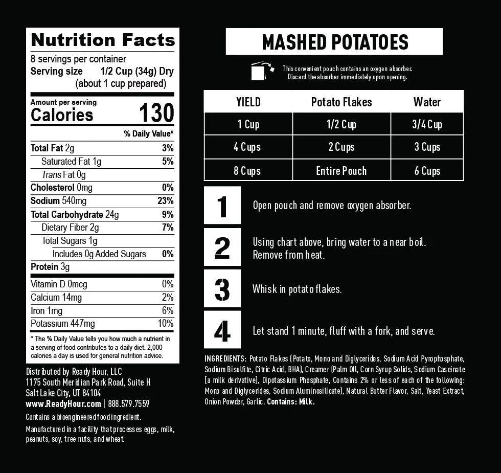 ready hour mashed potatoes case pack nutritional information 