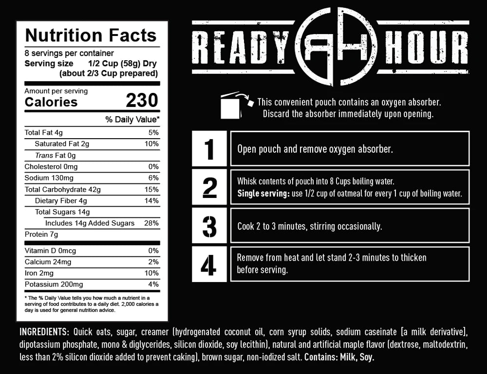 ready hour maple grove oatmeal nutritional information and directions 
