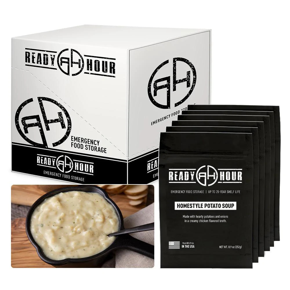 ready hour homestyle potato soup case pack individual pack black and cooked homestyle potato soup in black skillet 