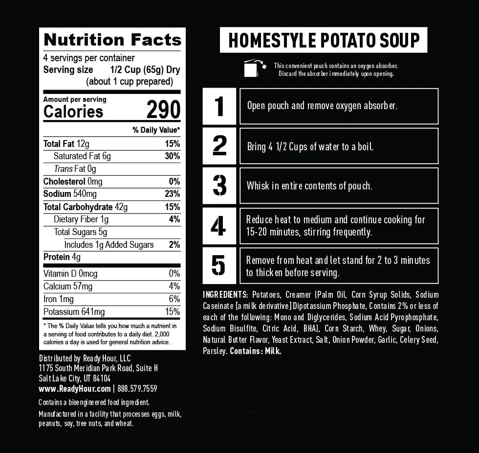 ready hour homestyle potato soup nutritional information and directions 