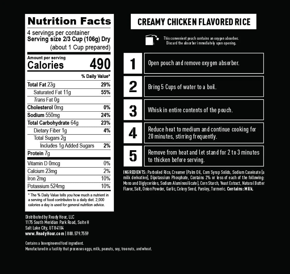 ready hour creamy chicken flavored rice nutritional information and directions 