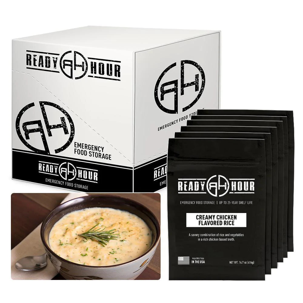 ready hour creamy chicken flavored rice case pack individual pack black cooked rice in multicolored bowl