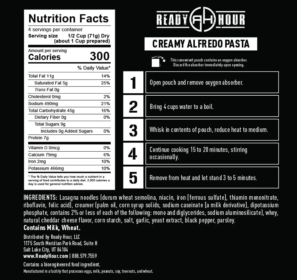 ready hour creamy alfredo pasta nutritional information and directions 