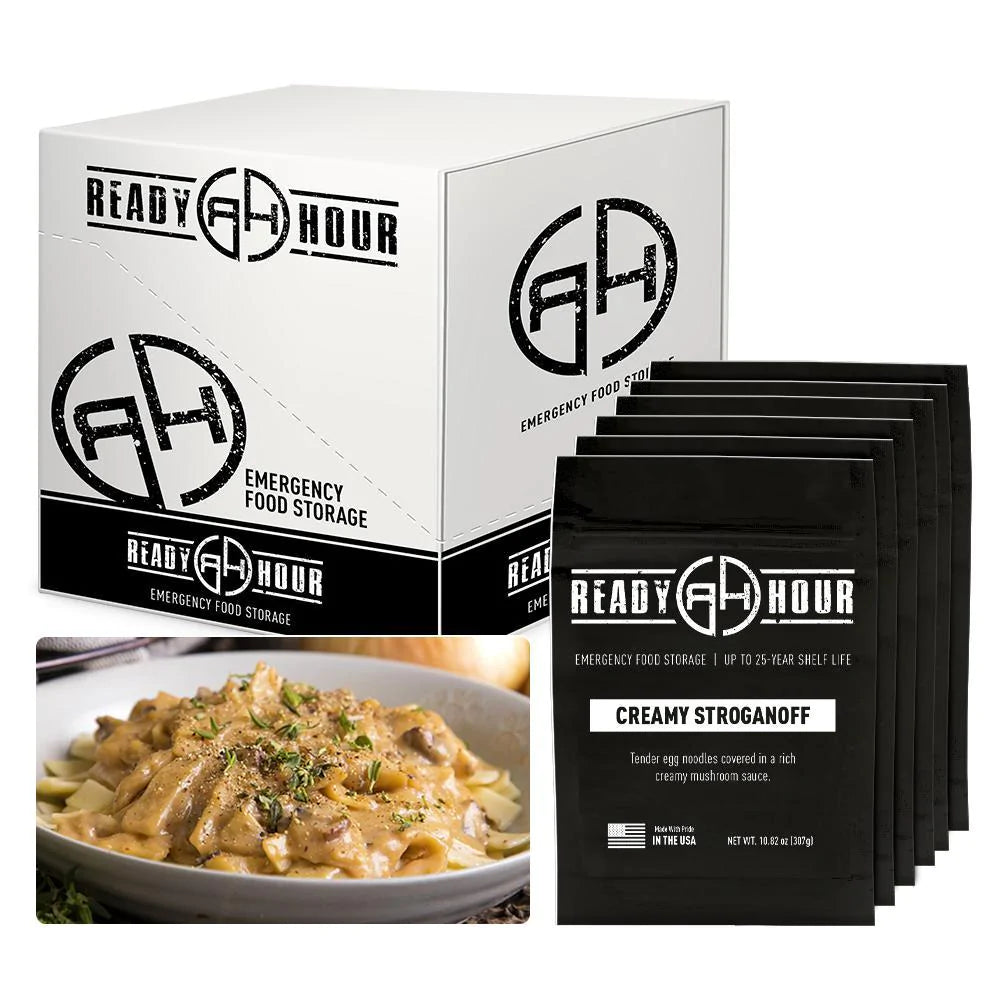 ready hour creamy stroganoff case pack individual pack black and cooked creamy stroganoff on white plate 