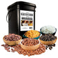 ready hour beans trio with rice in long term storage bucket with black beans pinto beans red beans white rice and southwest rice in brown bowls