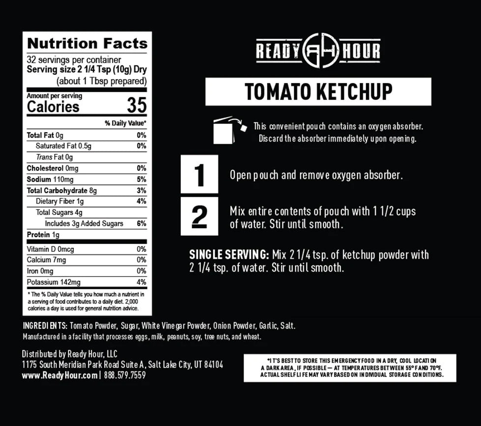 ready hour tomato ketchup sauce in black packaging with nutritional information