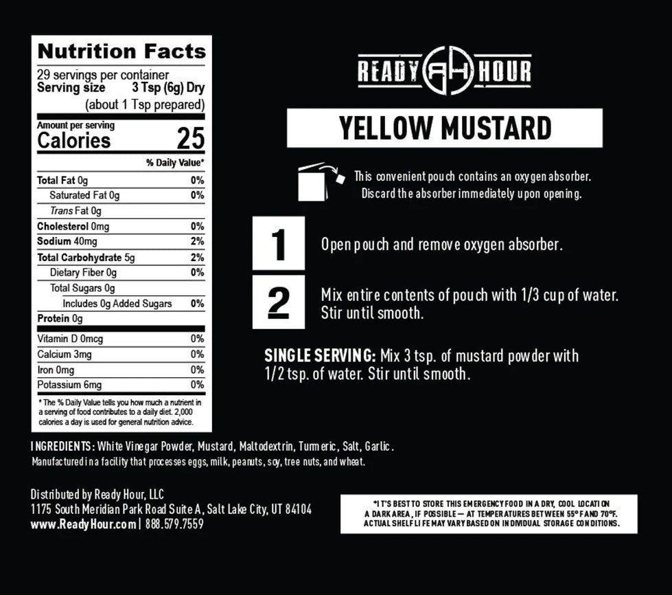 ready hour yellow mustard sauce in black packaging with nutritional information 
