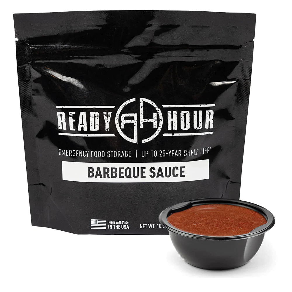 ready hour barbeque sauce in black packaging with sauce cup in front