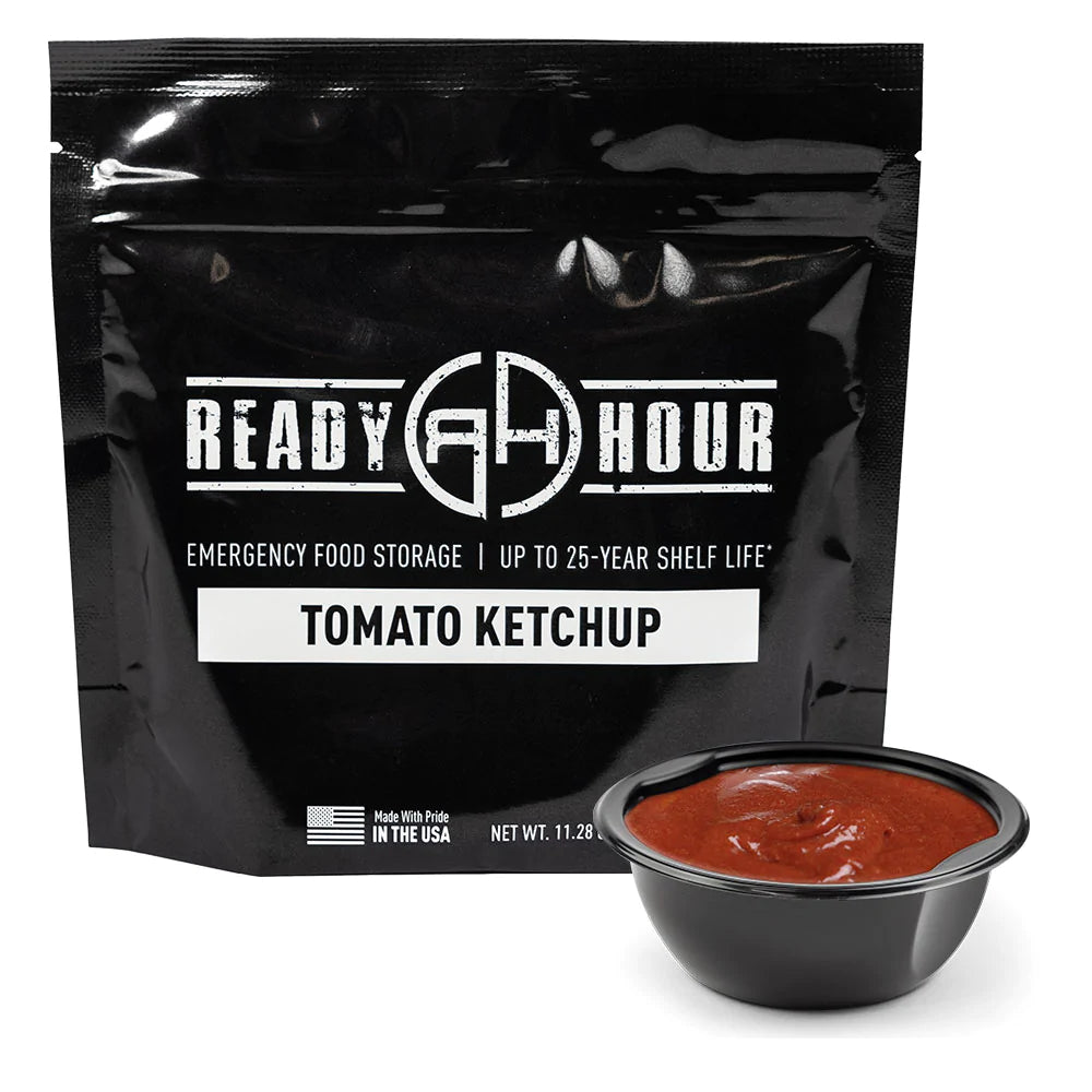 ready hour tomato ketchup sauce in black packaging with sauce cup in front