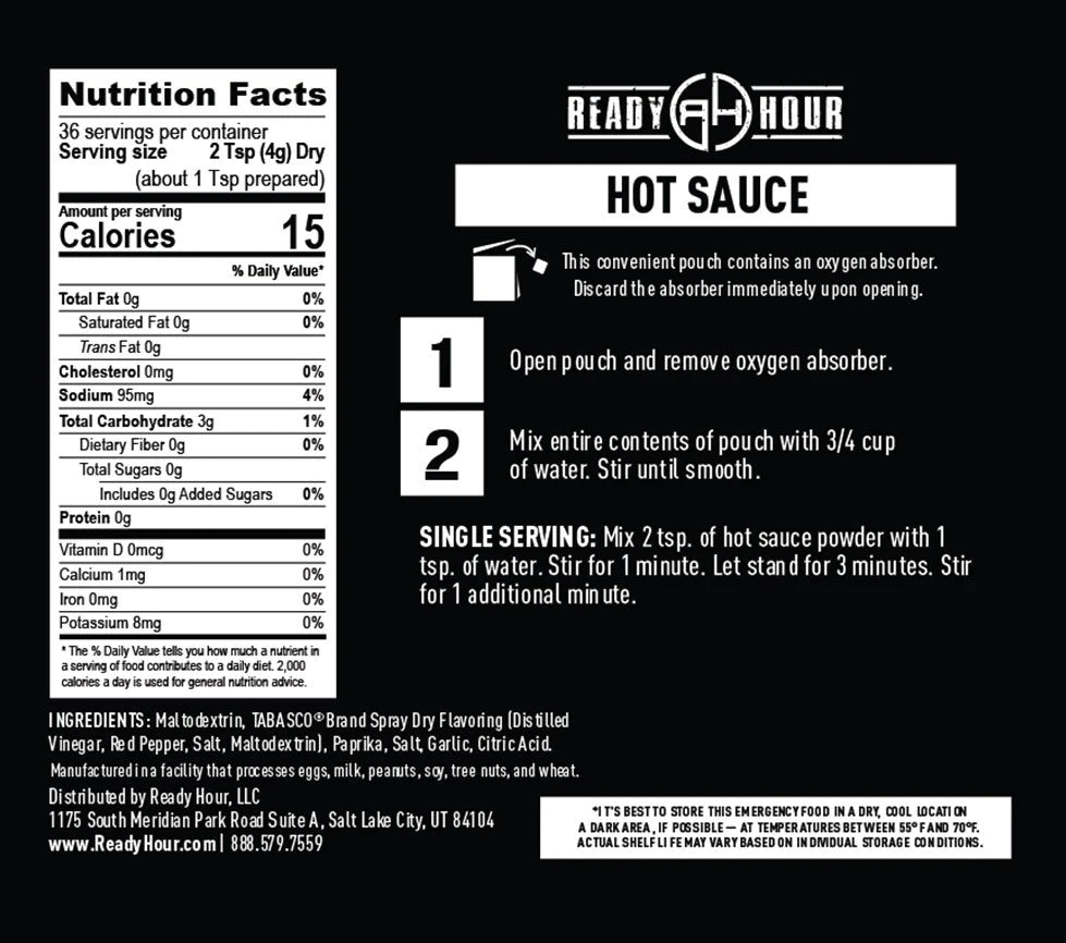 ready hour hot sauce in black packaging with nutritional information 