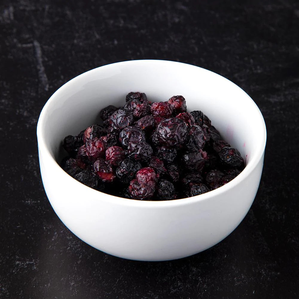 freeze dried blueberries in white bowl 