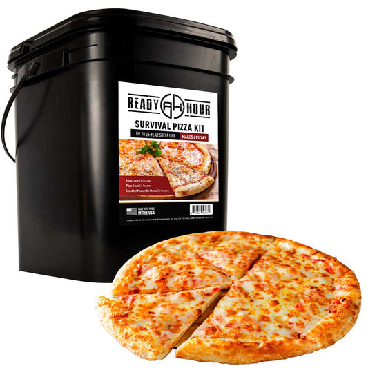 ready hour survival pizza kit long term bucket and whole pizza 