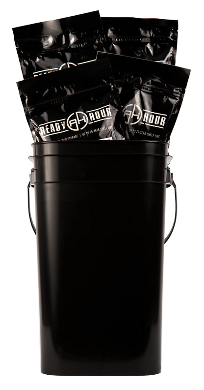 ready hour pancake mix in black ready hour storage bucket