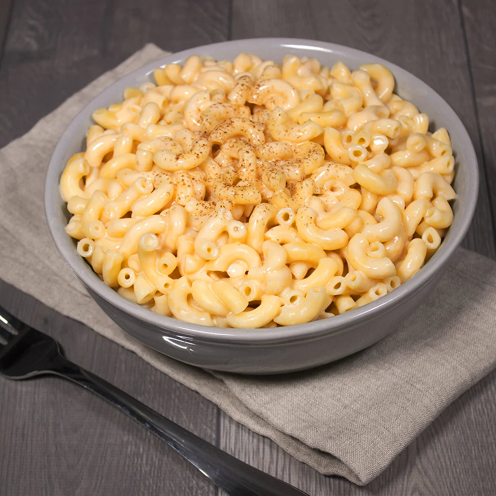 Macaroni and Cheese in a grey ceramic bowl