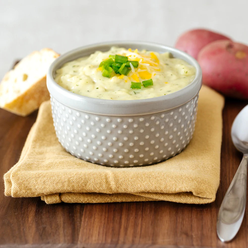 Homestyle Potato Soup in a white ramekin