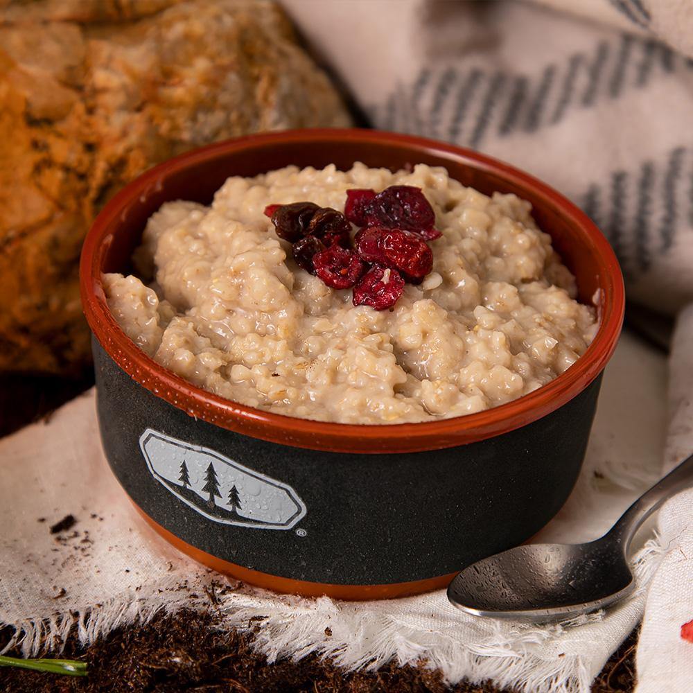 maple grove oatmeal with dried cranberries on top in red bowl with trees on the front and silver spoon on the side 