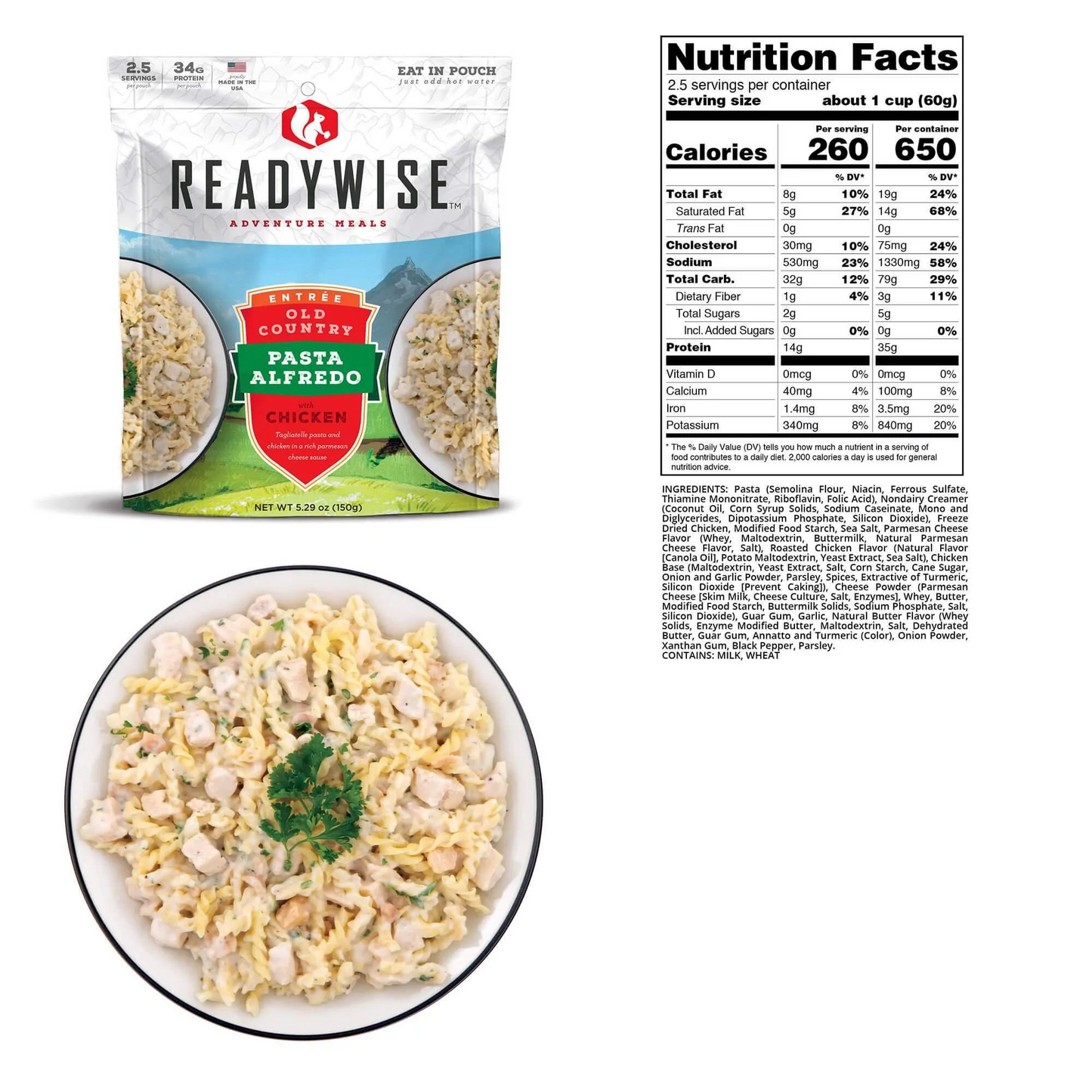 readywise adventure meals 3 day adventure kit with dry bag  pasta alfredo nutritional information 