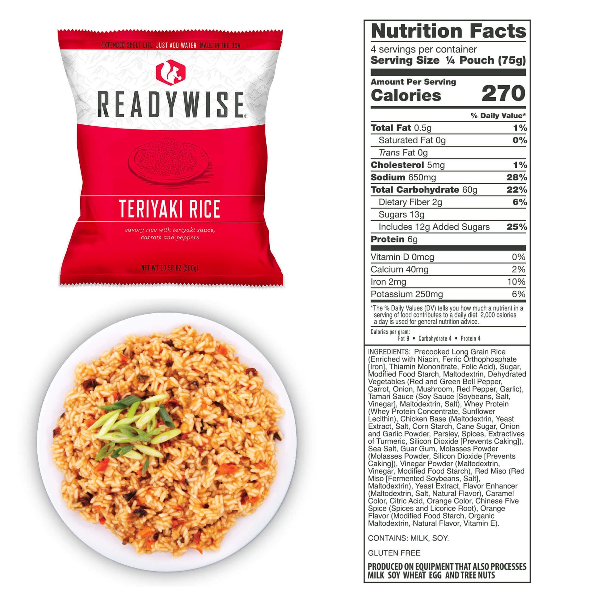 Teriyaki Rice packet displayed in a bowl with nutritional information