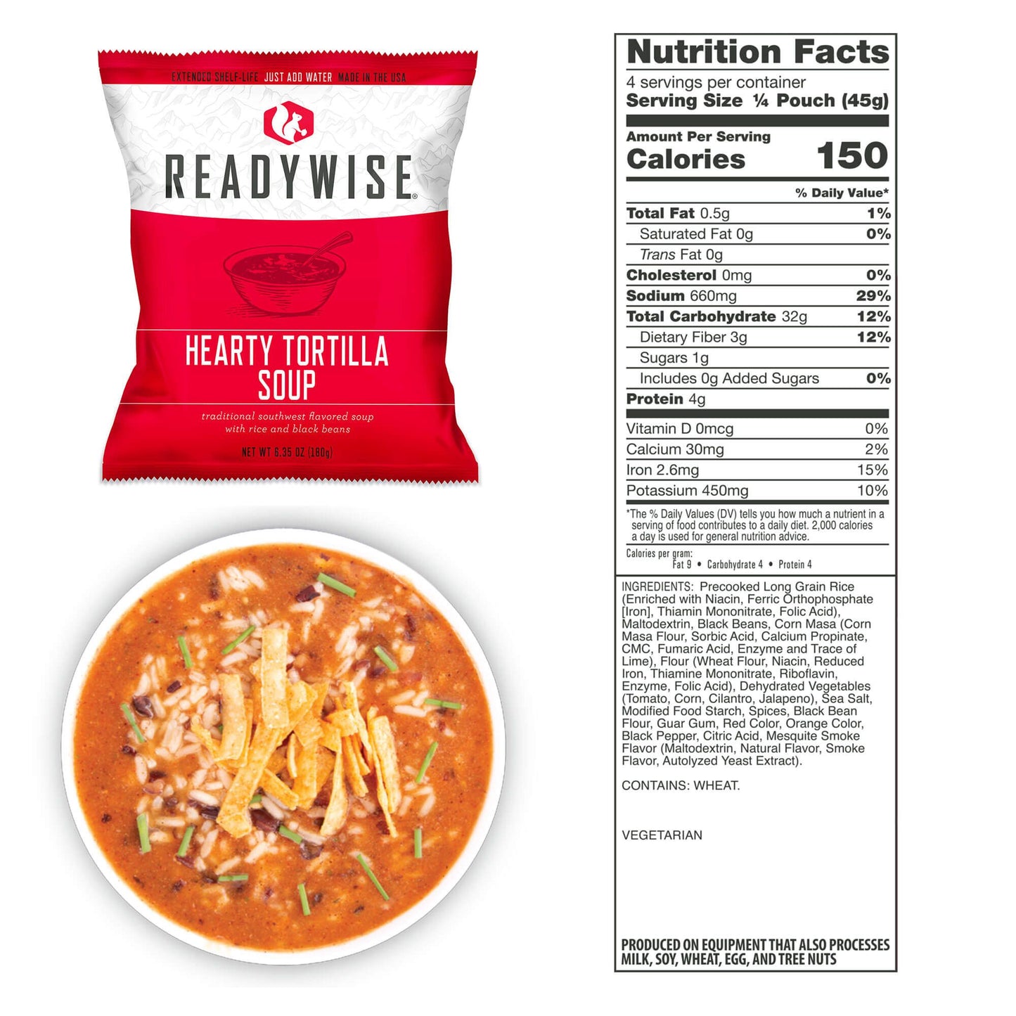 Hearty Tortilla Soup packet displayed in a bowl with nutritional information