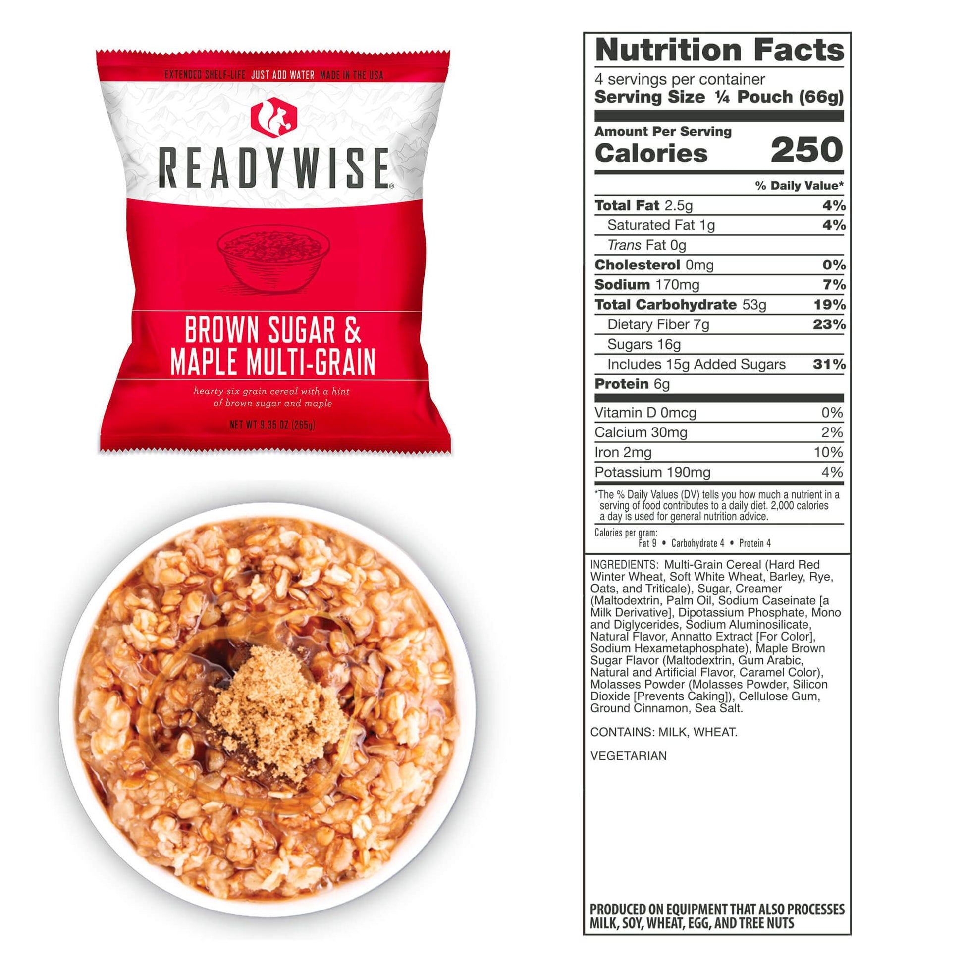 Readywise emergency food supply 120 serving breakfast bucket brown sugar and maple mutli-grain nutritional information 