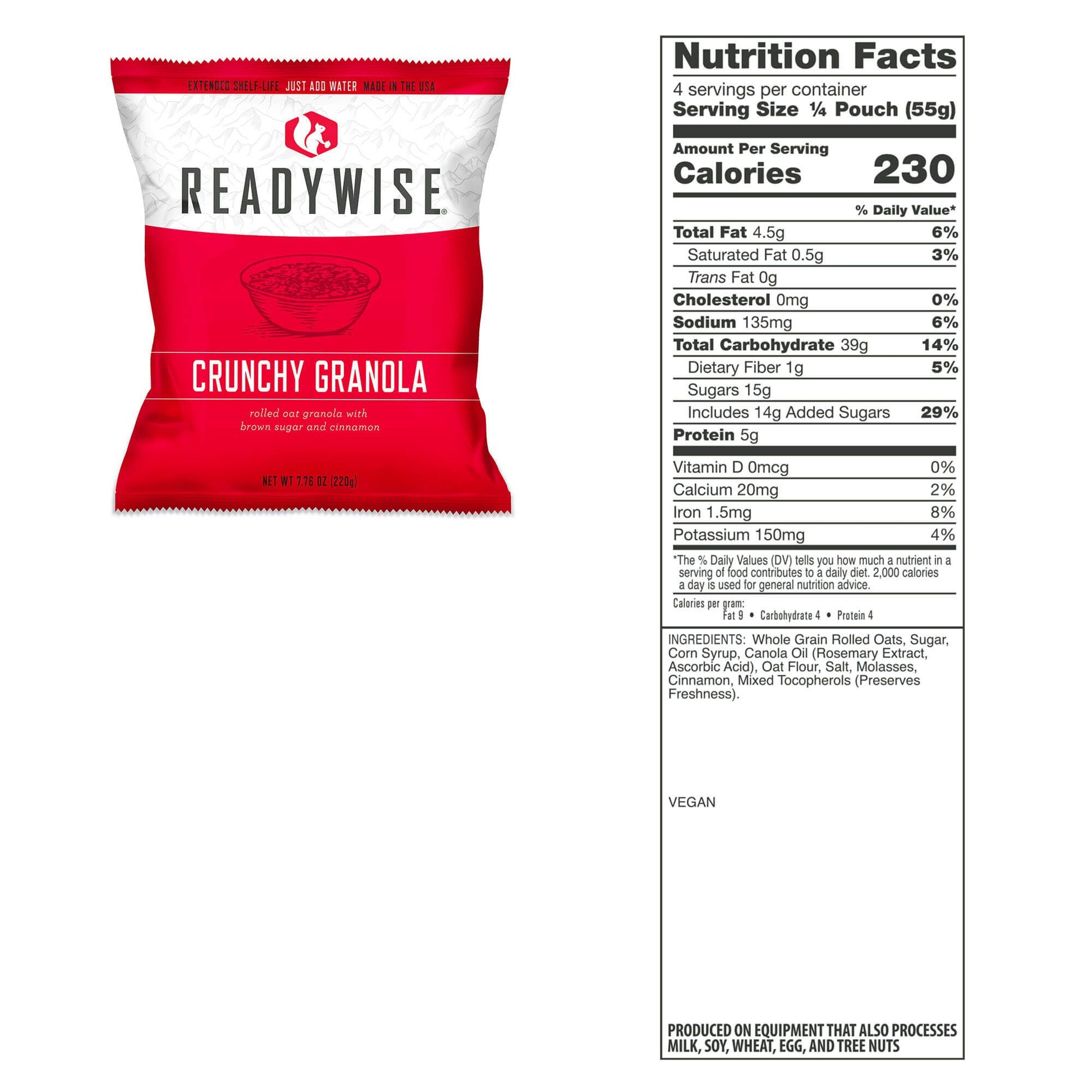 Crunchy Granola packet with nutritional information