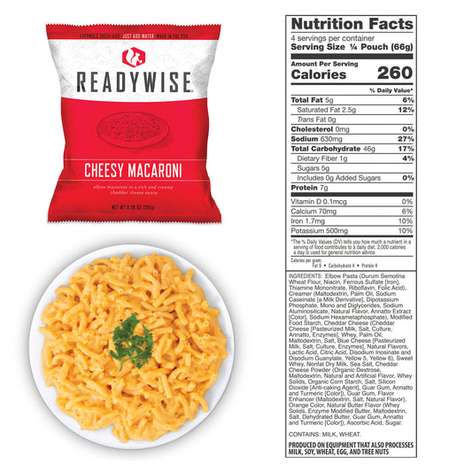 readywise emergency food supply 60 serving entree bucket cheesy macaroni nutritional information 