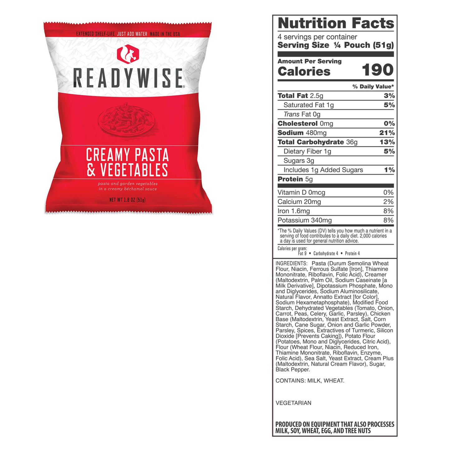 readywise emergency food supply 60 serving entree bucket creamy pasta and vegetables nutritional information 