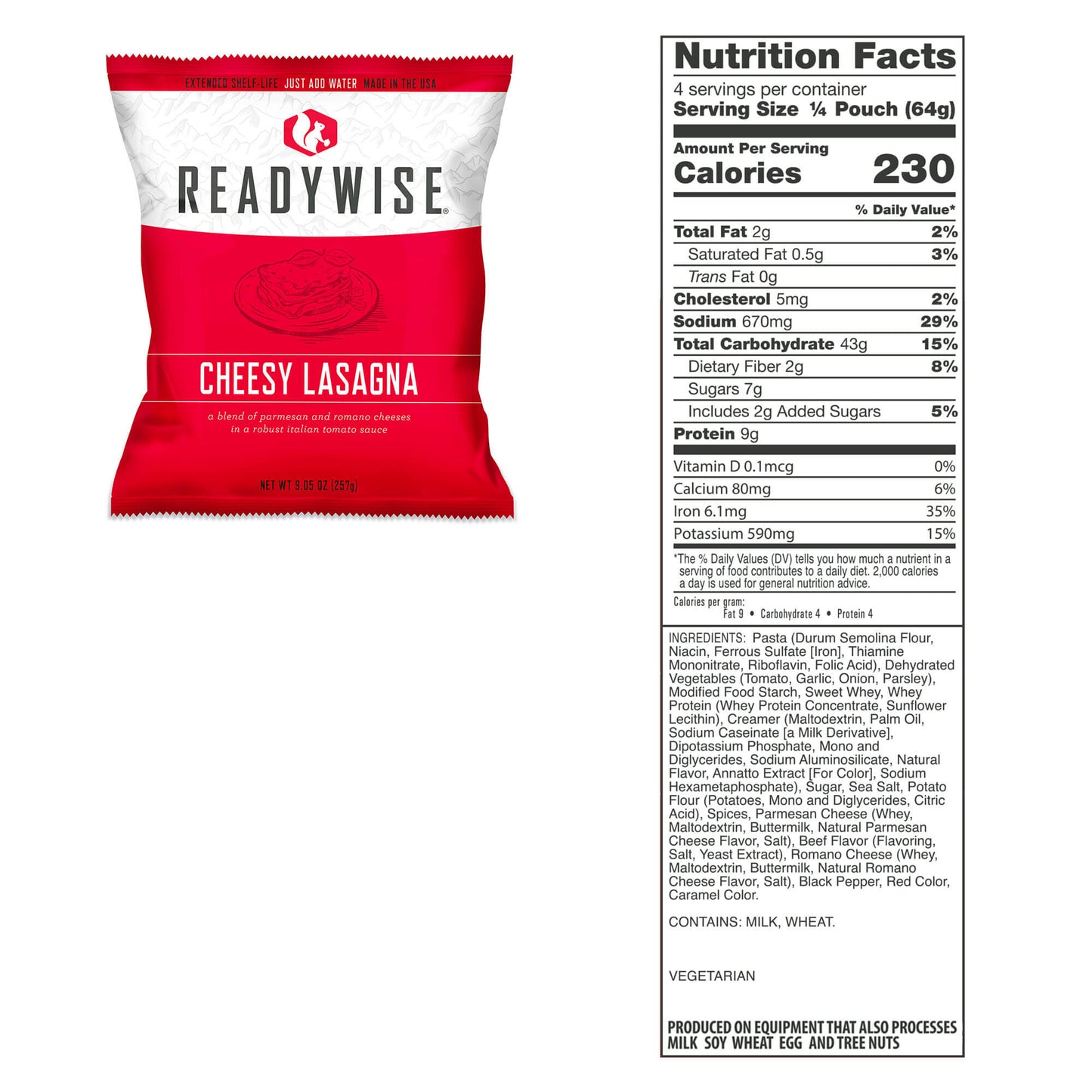 readywise emergency food supply 60 serving entree bucket cheesy lasagna nutritional information