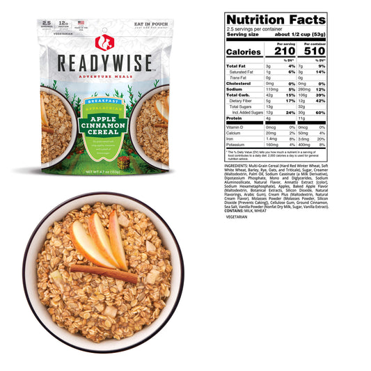 readywise adventure meals 2 day adventure bag apple cinnamon cereal nutritional information 