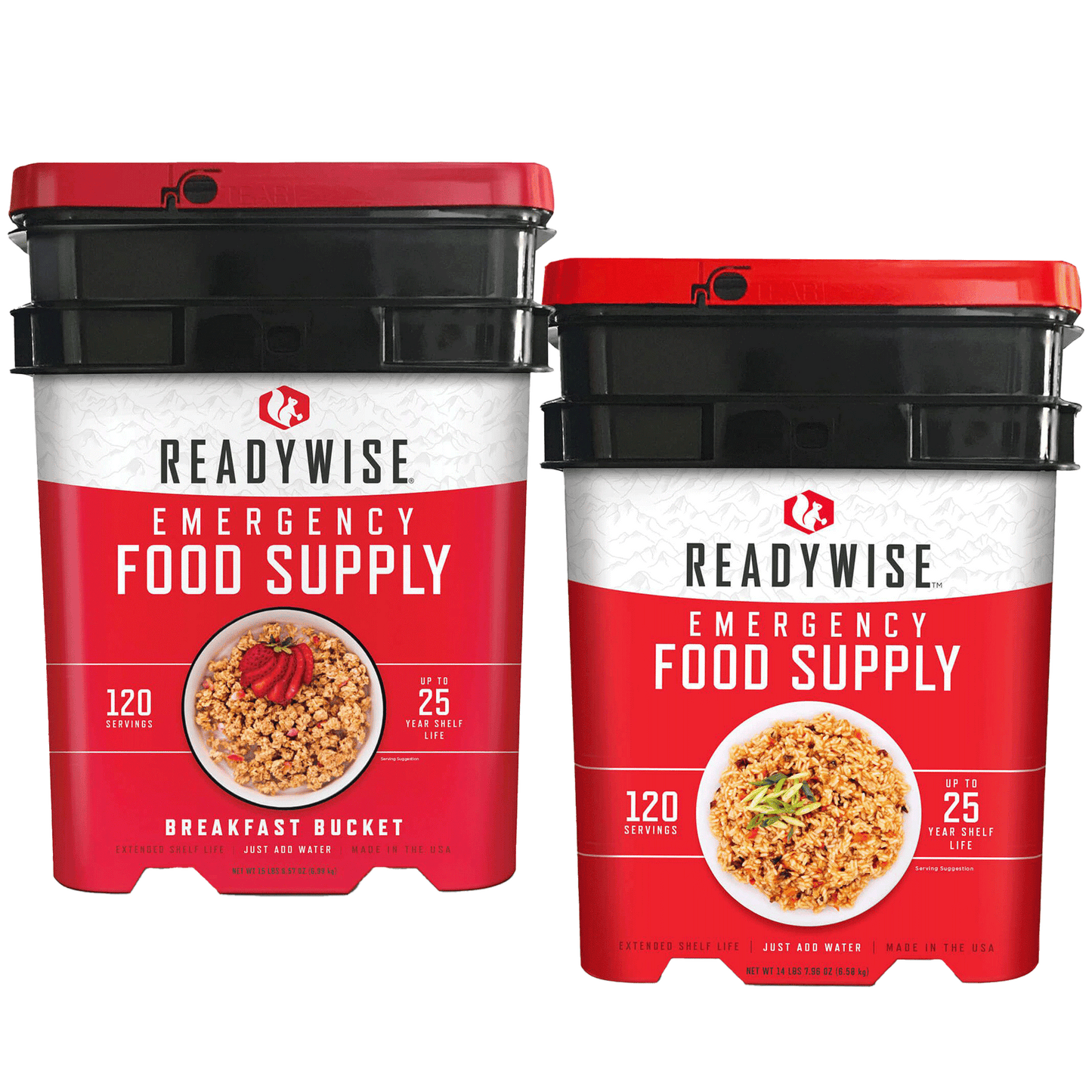 ReadyWise 120 Serving Breakfast Bucket and 120 Serving Emergency Food Supply Bucket displayed side by side