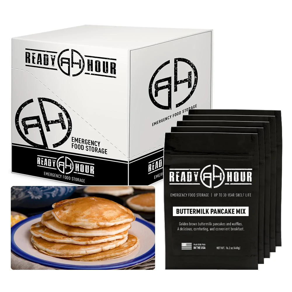 ready hour buttermilk pancake mix case pack individual packs black and stack of buttermilk pancakes on white and blue plate