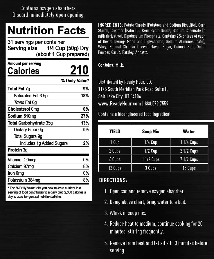 ready hour #10 can potato cheddar soup nutritional information and directions 