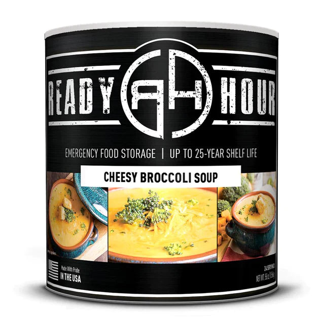 ready hour #10 can cheesy broccoli soup black with soup in three different bowls on cover 