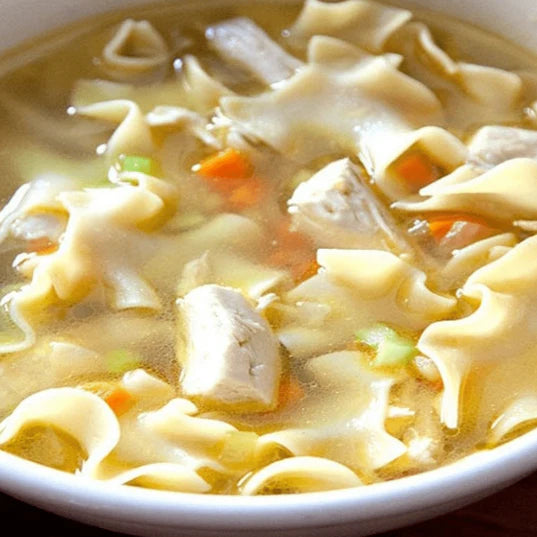 chicken flavored noodle soup up close image featuring chicken noodles carrots and celery in broth 