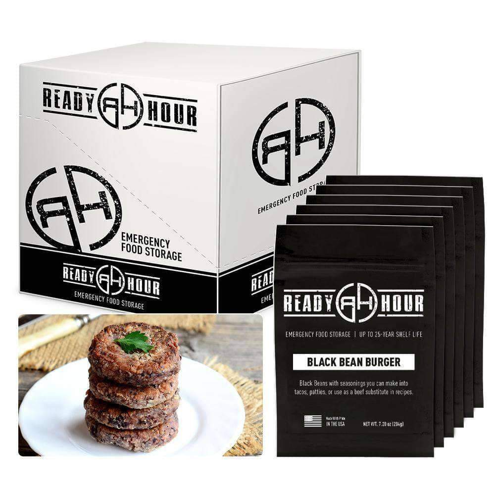 ready hour black bean burger case pack individual pack black and stack of black bean burger patties with garnish on top 