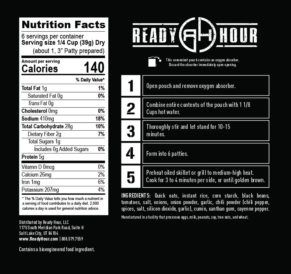 ready hour black bean burger meat substitute nutritional information 