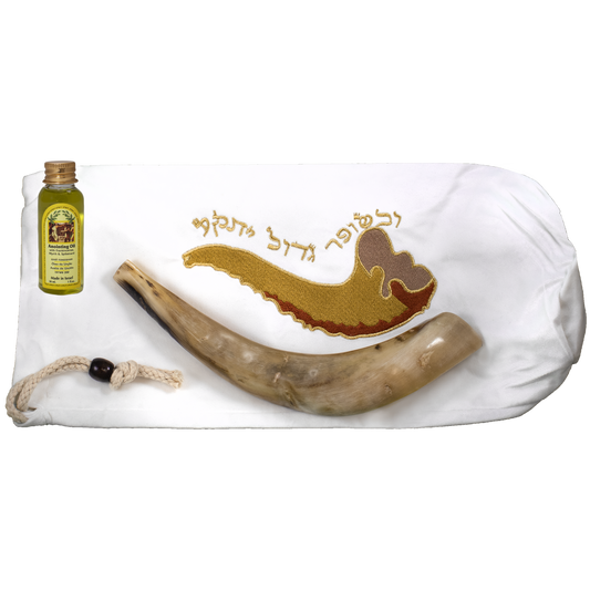 Fully Polished 12.5" Rams Horn set Shofar with Velvet embroidered Jerusalem bag and anointing oil