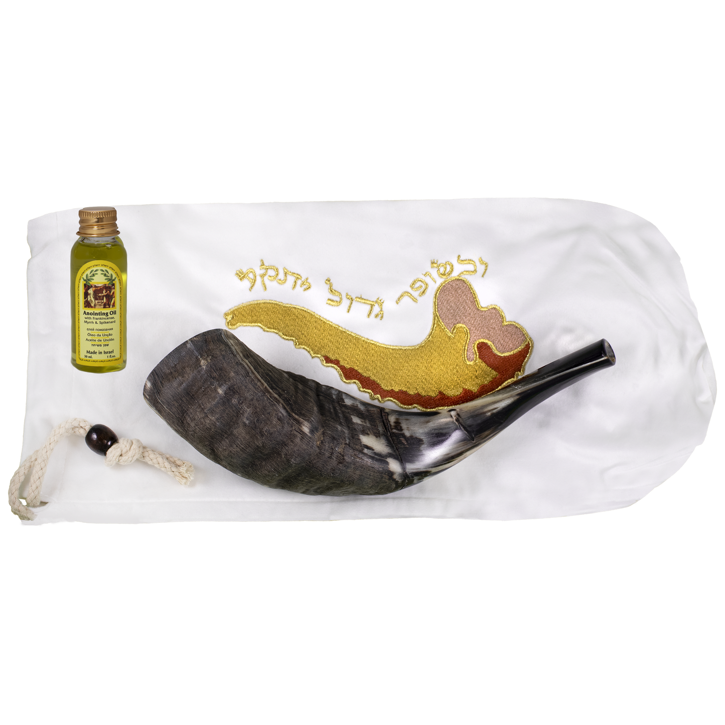Natural 13" Rams Horn set Shofar with Velvet embroidered Jerusalem bag and anointing oil