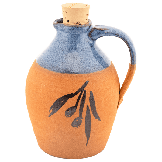 Ceramic partial glazed in blue olive oil pitcher with painted olive design and cork top