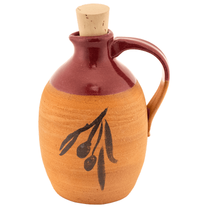 Ceramic partial glazed in maroon olive oil pitcher with painted olive design and cork top