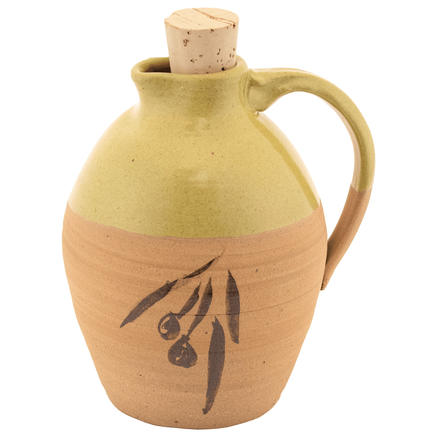 Ceramic partial glazed in lime green olive oil pitcher with painted olive design and cork top