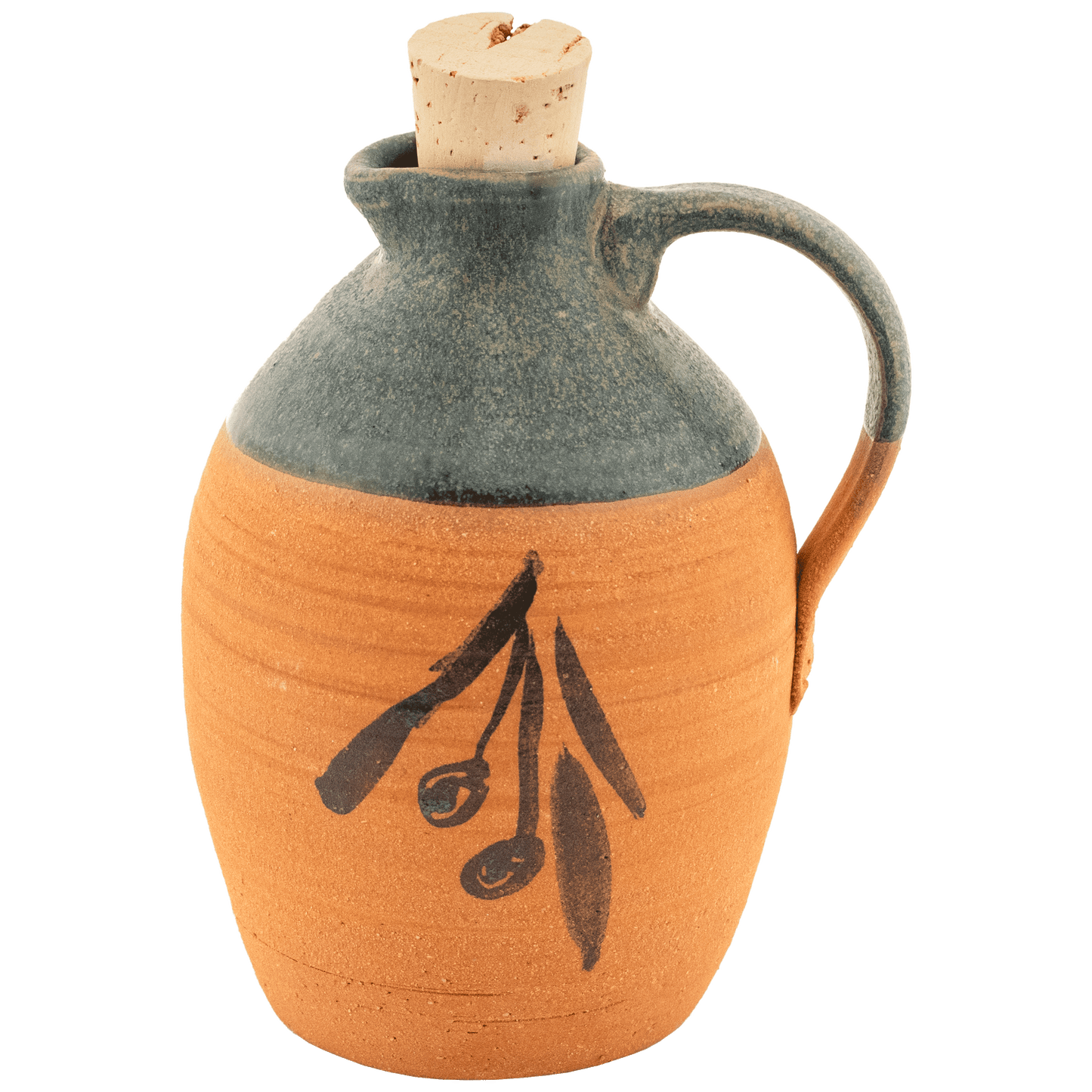 Ceramic partial glazed in dark green olive oil pitcher with painted olive design and cork top