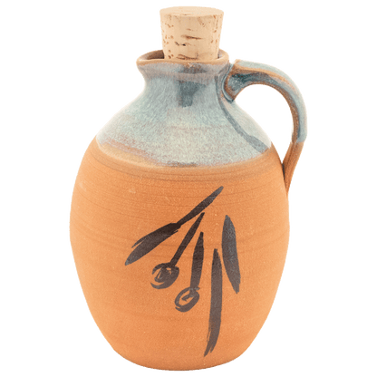 Ceramic partial glazed in cadet blue olive oil pitcher with painted olive design and cork top