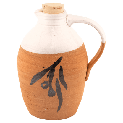 Ceramic partial glazed in white olive oil pitcher with painted olive design and cork top