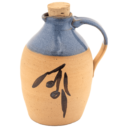 Ceramic partial glazed in jean blue olive oil pitcher with painted olive design and cork top